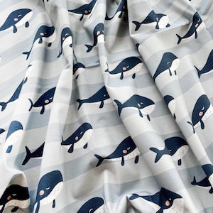 Tejido de punto jersey / Ballenas y rayas / Punto de algodón suave y elástico / Se vende por medio metro