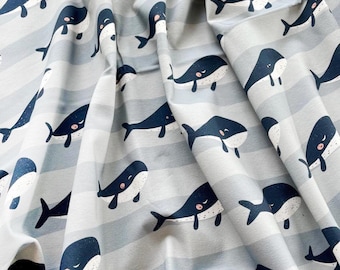 Whales and Stripes Jersey Knit Fabric: Soft Cotton Elastane Blend