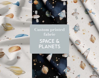 Tela con estampado espacial: Planetas, cohetes, estrellas: elige tu base