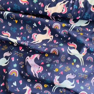 Softshell Fabric: Water Repellent Windproof Outerwear - Purple Unicorns - printed on demand by the meter