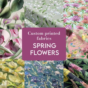 May include: A collage of fabric swatches featuring various spring flower patterns. The swatches are arranged in a grid with a pink banner in the centre that reads "Custom printed fabrics SPRING FLOWERS".