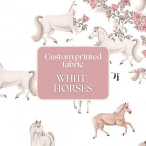 Cotton, Jersey, French terry, Rib knit, Softshell, Bamboo and more | Printed fabric with White horses design | Sold by meters