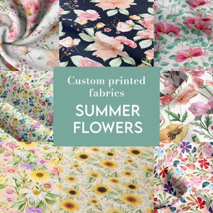 May include: A collage of six different fabric swatches featuring watercolor floral patterns. The swatches include pink and white flowers on a white background, pink and white flowers on a dark blue background, red and pink flowers on a white background, yellow and orange flowers on a white background, yellow sunflowers on a cream background, and a variety of colorful flowers on a white background. The text "Custom printed fabrics SUMMER FLOWERS" is displayed in the center of the collage.