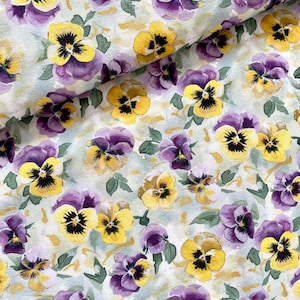 Jersey knit fabric | Pansies | Soft and stretchy cotton knit | Sold by half meter