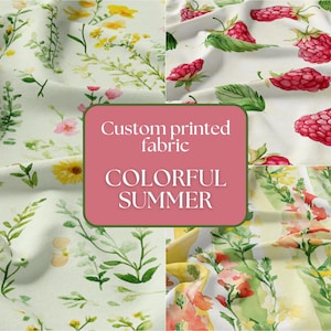 Puede incluir: Tela estampada personalizada con diseños florales y de bayas de verano coloridos. La tela presenta ilustraciones de acuarela de flores silvestres, frambuesas y vegetación sobre un fondo blanco. Se muestra el texto "COLORFUL SUMMER".