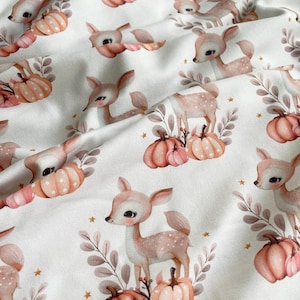 Sweatshirt knit fabric | French terry with Roe deer and pumpkins | Unique fabric design printed in limited quantity | Sold by half meter
