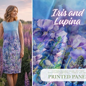 Puede incluir: Un vestido sin mangas con estampado floral en tonos azules y morados, de pie en un campo de flores moradas. El vestido tiene un diseño similar a una acuarela. Junto al vestido hay un panel de tela con el texto "Iris and Lupina" y "Printed Panel".