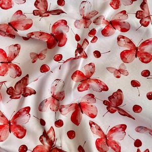 Jersey knit fabric | Cherry butterflies | Soft and stretchy cotton knit | Sold by half meter