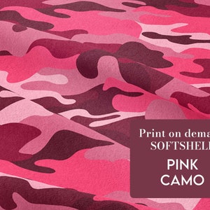 May include: Pink camouflage print on demand softshell fabric. Print on demand softshell pink camo.