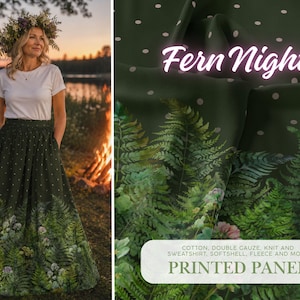 Pode incluir: Uma mulher vestindo uma camiseta branca e uma saia longa verde escura com estampa de samambaias e flores. A saia tem um padrão de bolinhas. A imagem também mostra um painel de tecido com o texto "Fern Night" e um desenho de samambaias. O painel é rotulado como "Printed Panel".