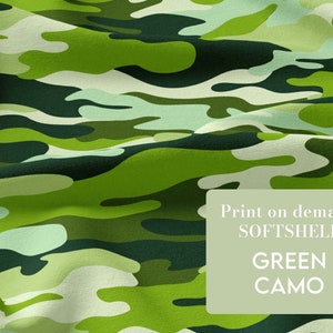 May include: Green camouflage print on demand softshell fabric. Print on demand softshell green camo.