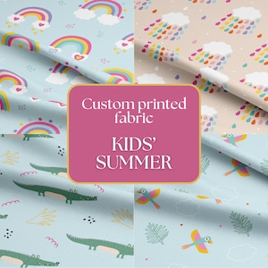 Puede incluir: Tela impresa personalizada con cuatro diseños diferentes para el verano de los niños. Los diseños incluyen arcoíris, gotas de lluvia, cocodrilos y loros.