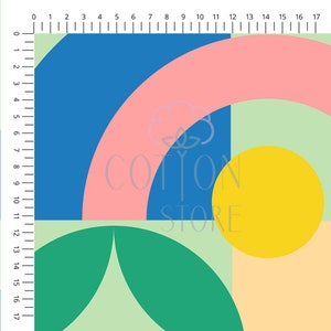 K&ouml;nnte beinhalten: Abstraktes geometrisches Muster mit &uuml;berlappenden Kreisen in Blau, Rosa, Gr&uuml;n, Gelb und Hellpfirsich. Das Muster befindet sich auf einem hellgr&uuml;nen Hintergrund. Der Text "COTTON STORE" befindet sich in der Mitte des Bildes.