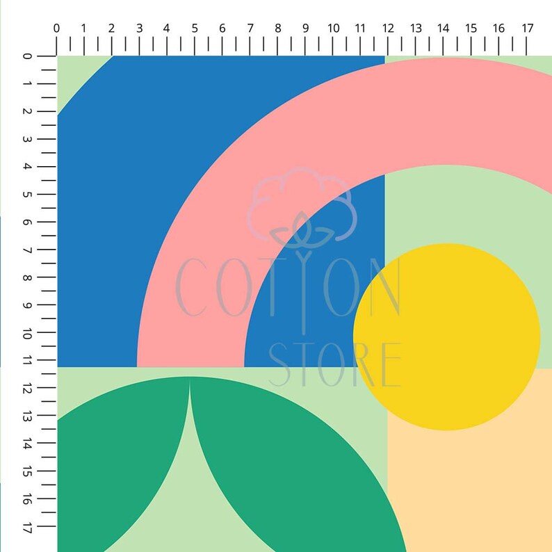 K&ouml;nnte beinhalten: Abstraktes geometrisches Muster mit &uuml;berlappenden Kreisen in Blau, Rosa, Gr&uuml;n, Gelb und Hellpfirsich. Das Muster befindet sich auf einem hellgr&uuml;nen Hintergrund. Der Text "COTTON STORE" befindet sich in der Mitte des Bildes.