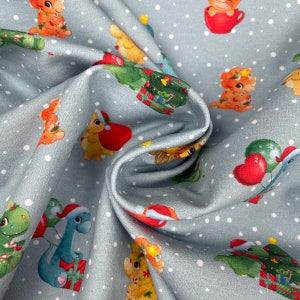Christmas French Terry Knit Fabric: Dinosaur Print, Cotton Spandex Blend