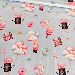 Sweatshirt knit fabric | French terry with Flying candy design | Unique fabric design printed in limited quantity | Sold by half meter