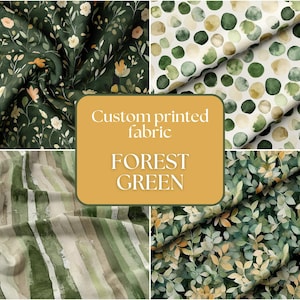 Può includere: Quattro campioni di tessuto in diversi motivi verde bosco. I campioni sono etichettati "Tessuto stampato personalizzato FOREST GREEN".