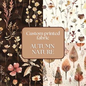 Op de afbeelding: Drie stofstalen met aquarelpatronen met herfstbladeren en bloemen. De stalen zijn gelabeld met "Op maat geprinte stof" en "HERFSTNATUUR".