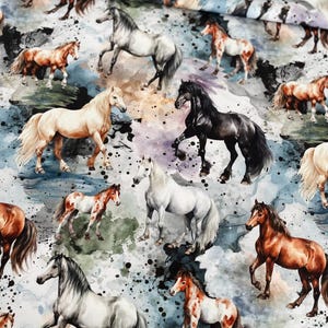 Jersey knit fabric | Horses | Soft and stretchy cotton knit with unique design | Sold by half meter