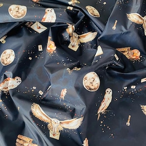 Raincoat fabric | Magic owls with wizard elements| For raincoats, stroller covers and dog raincoats | Sold by half meter