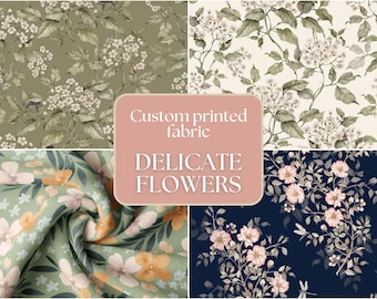 May include: Four different fabric swatches with delicate floral patterns. The swatches are arranged in a grid with a pink label in the center that reads "Custom printed fabric DELICATE FLOWERS".
