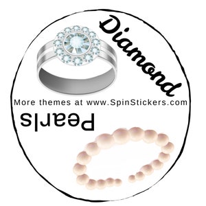May include: A white circle with a black outline contains a silver ring with a diamond setting and a string of pearls. The text "Diamond" is written in a black cursive font and the text "Pearls" is written in a black cursive font. The text "More themes at www.SpinStickers.com" is written in black.