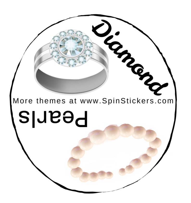 May include: A white circle with a black outline contains a silver ring with a diamond setting and a string of pearls. The text "Diamond" is written in a black cursive font and the text "Pearls" is written in a black cursive font. The text "More themes at www.SpinStickers.com" is written in black.