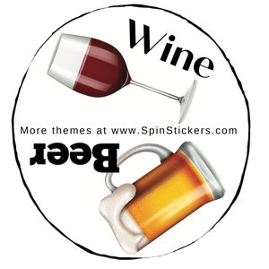 May include: A black and white circle with the words "Wine" and "Beer" in large, bold letters. A glass of red wine and a beer mug are depicted in the circle.