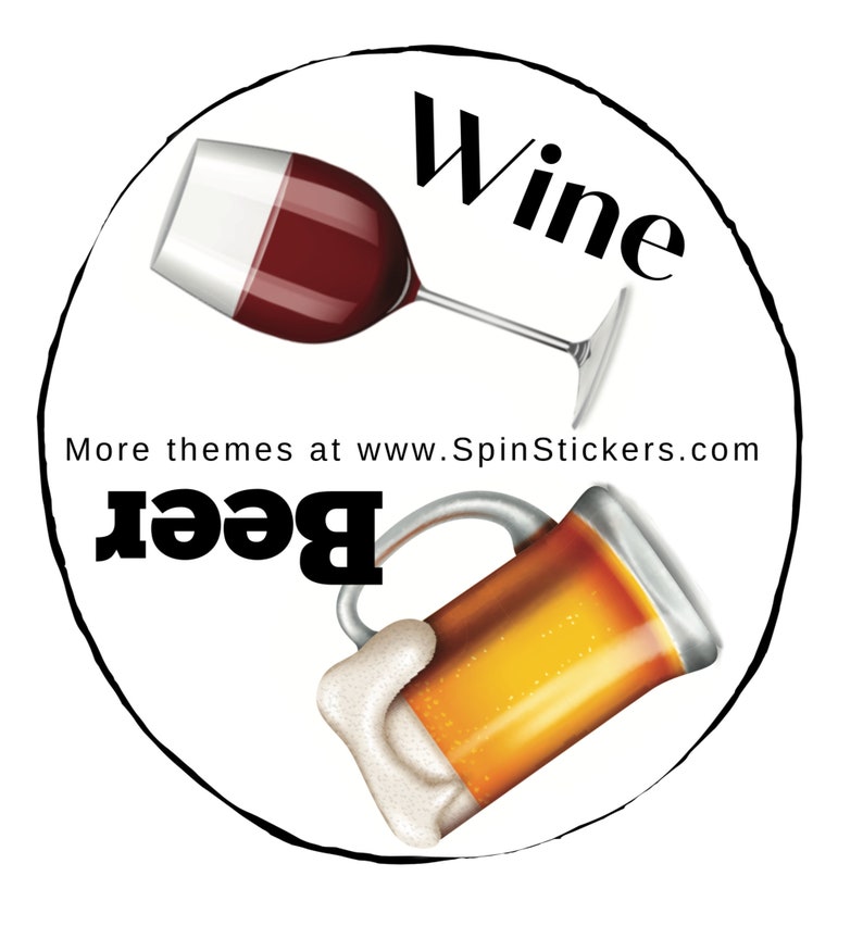 May include: A black and white circle with the words "Wine" and "Beer" in large, bold letters. A glass of red wine and a beer mug are depicted in the circle.