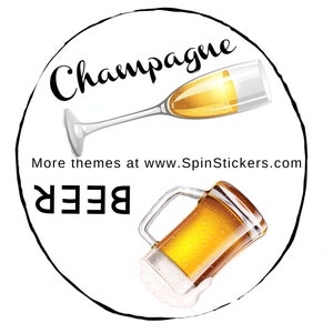 May include: A black and white circle with the words "Champagne" and "BEER" in white. A glass of champagne and a beer mug are shown inside the circle.