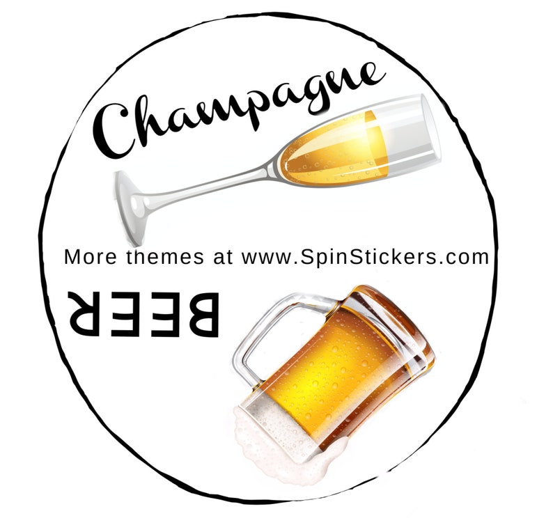 May include: A black and white circle with the words "Champagne" and "BEER" in white. A glass of champagne and a beer mug are shown inside the circle.
