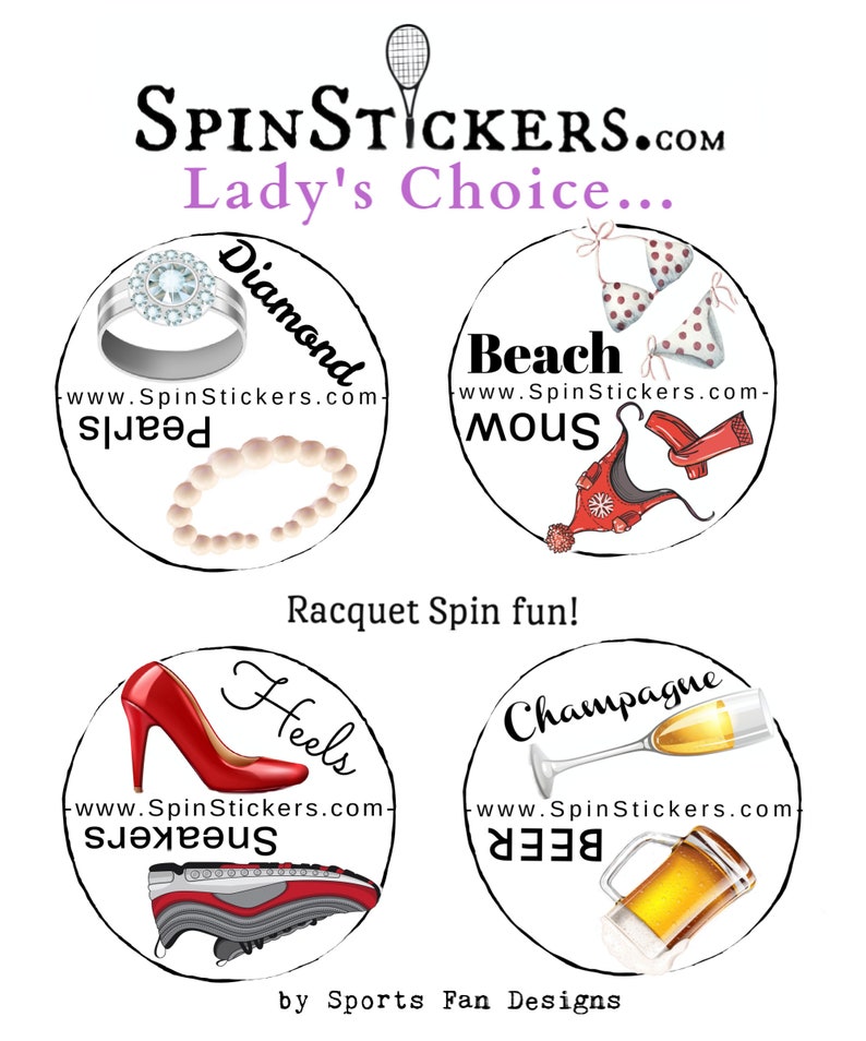 May include: Four round stickers with white backgrounds and black borders. Each sticker features a different image and text. The first sticker shows a diamond ring and a string of pearls with the text "Diamond" and "www.SpinStickers.com-pearls". The second sticker shows a bikini and a red scarf with the text "Beach" and "www.SpinStickers.com-mous". The third sticker shows a red high heel shoe and a black and grey sneaker with the text "Heels" and "www.SpinStickers.com-sneakers". The fourth sticker shows a glass of champagne and a beer mug with the text "Champagne" and "www.SpinStickers.com-BEER".