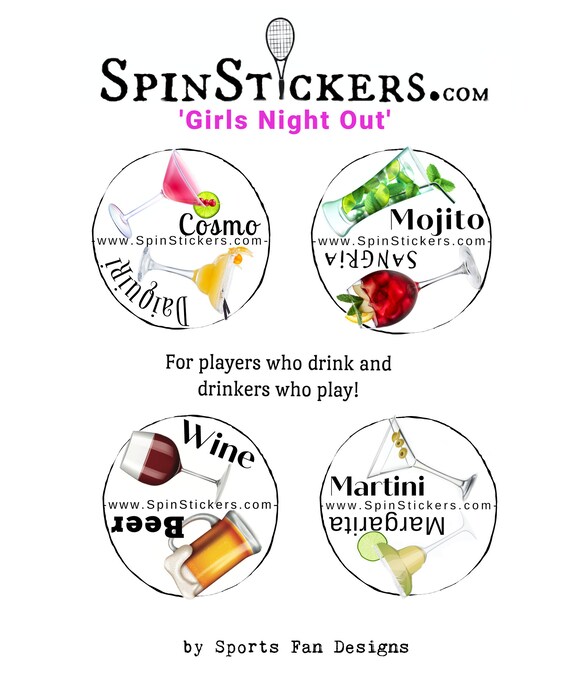 4 Tennis Stickers, Spin Stickers for Racket Tennis Butts, Racquet spinners "Girls Night Out" color, Tennis and Wine, Fun Tennis Gifts,