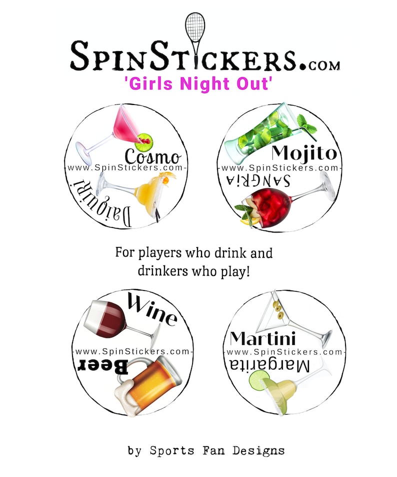 4 Tennis Stickers, Spin Stickers for Racket Tennis Butts, Racquet spinners "Girls Night Out" color, Tennis and Wine, Fun Tennis Gifts, image 1