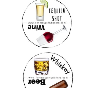 2 Tennis Spin Stickers for Racket Tennis Butts, Racquet spinners in color, Captains or Partner Gifts. For Men & Women,  Beer or Wine?