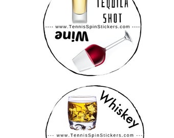 2 Tennis Spin Stickers for Racket Tennis Butts, Racquet spinners in color, Captains or Partner Gifts. For Men & Women,  Beer or Wine?