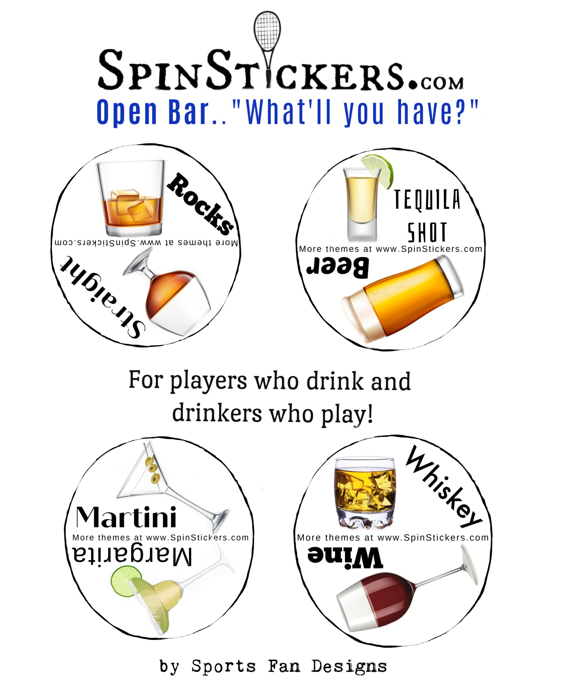 4 Tennis Spin Stickers for Racket Tennis Butts, open Bar Beer or Wine