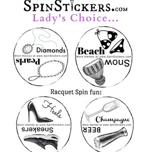 May include: Four black and white illustrations of different themes. The illustrations are in circles with text around the outside. The themes are: Diamonds, Beach, Heels, and Champagne. The text around the outside of the circles says "SpinStickers.com" and "More themes at www.SpinStickers.com".