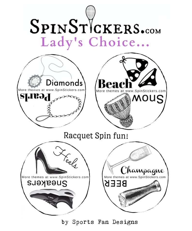 May include: Four black and white illustrations of different themes. The illustrations are in circles with text around the outside. The themes are: Diamonds, Beach, Heels, and Champagne. The text around the outside of the circles says "SpinStickers.com" and "More themes at www.SpinStickers.com".
