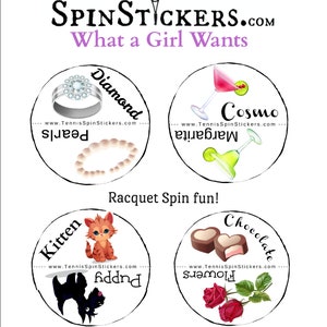 May include: A set of eight round stickers with various designs, including a diamond ring, pearls, a margarita, a cosmo, a kitten, a puppy, chocolate hearts, and roses. The stickers are white with black outlines and feature the text "SpinStickers.com" and "Racquet Spin fun!" The stickers are designed for use on tennis rackets.