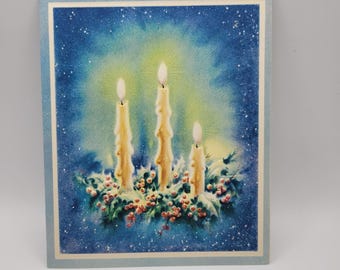 Carte de Noël vintage, bougies, baies de houx, neuve, fabriquée aux États-Unis, vœux de fin d'année