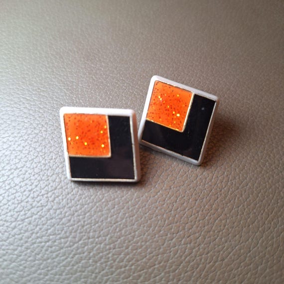 Square Retro Geometric Stud Earring Sparkling Ora… - image 2