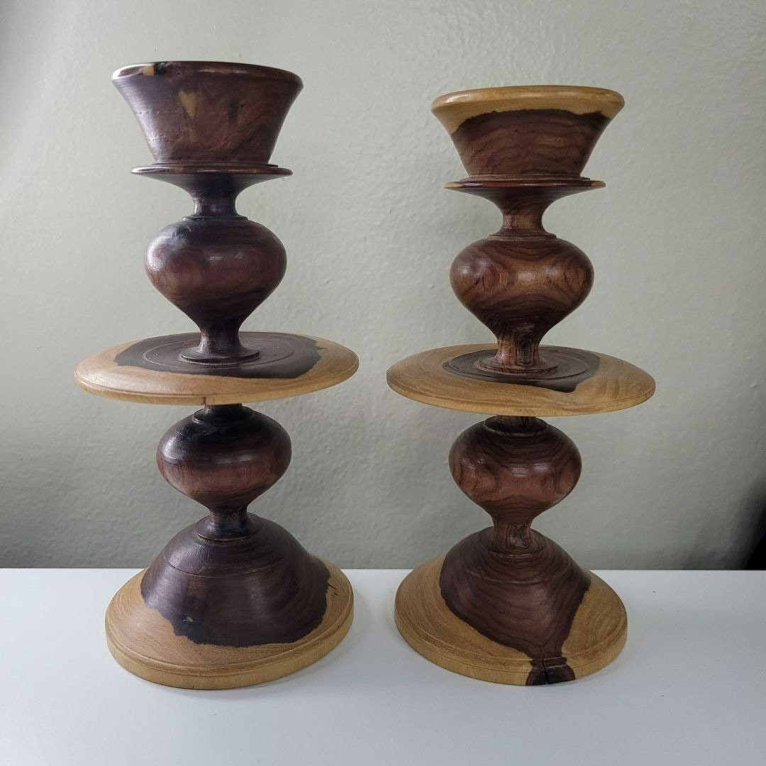 Wooden Candlestick Holders Tapered Solid Grain Two Tone Turned Pair Set ...