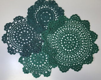 Vintage Handmade Green Crochet Doily Set 4 Piece Forest Green Table Decor