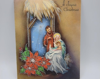 Tarjeta de felicitación navideña vintage "Joyous Christmas" (Natividad, Sagrada Familia, Ephemera)