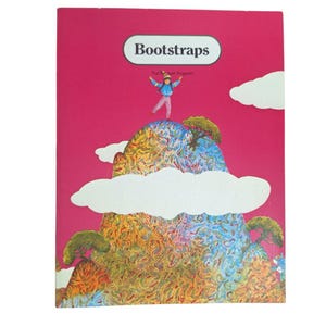 Puede incluir: Una portada de libro con el título "Bootstraps" en un óvalo blanco sobre un fondo rosa. La portada presenta una colorida escena de montaña con una persona de pie en la cima. También hay formas de nubes blancas y árboles.
