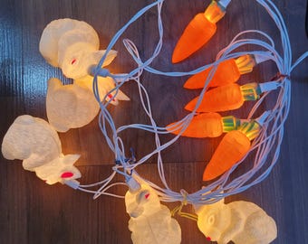 Vintage Easter Bunny and Carrot String Lights Blow Mold Plastic Pastel Decor
