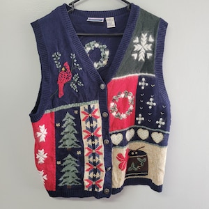 North Crest Christmas Sweater Vest Navy Blue Cardinal Tree Embroidered Large