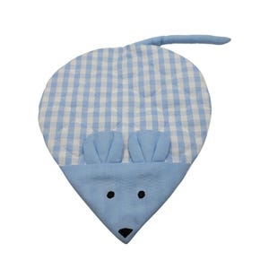May include: A blue and white gingham mouse-shaped quilted placemat. The mouse has blue ears, black eyes, and a black nose. The tail is a long, padded blue tube. The placemat is designed for children.