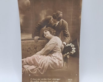Antyczna romantyczna pocztówka Rex 1919 Sepia Francuska ilustracja pary Notatka miłosna